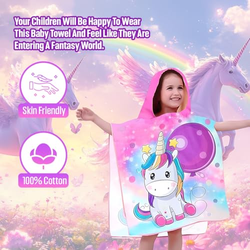 Image of TONY STARK Poncho Towel for Kids, Beach Towel with Hoodie, 60x60cm Travel Towel for 1-7 Years Girls and Boys, Soft Microfiber Sleeved Poncho (Magical Unicorn)