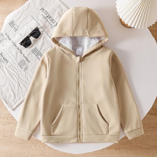 ROMPERINBOX Toddler Fleece Jacket Boys Hooded Zip-up Long Sleeve Warm Solid Outerwear(Beige, 1-2T) - Thumbnail 2