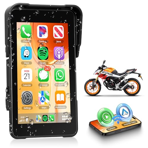 5 Pulgadas Touchscreen Vertical Carplay Pantalla para Motocicleta Inalámbrico CarPlay & Android Auto, Radio Coche para Moto IP68 Impermeable/Navigation/Cascos y Auriculares Bluetooth/Control por Voz