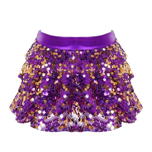 Alvivi Jupe à Paillettes Enfant Fille Jupe De Danse Jazz Cheerleading Pom-Pom Girls Jupette Gymnastique Sequins Costume Performance 3-16 Ans Violet 11-12 Ans