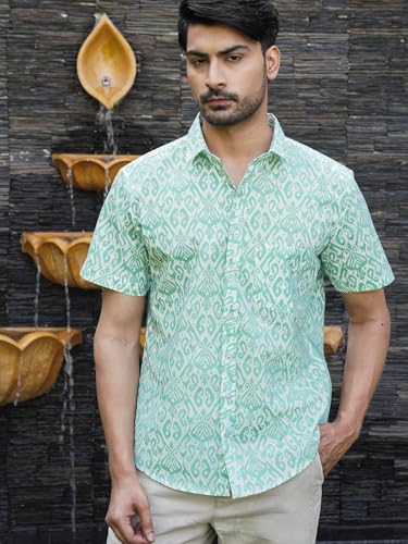 Image of Men's Green Geometric Pattern Cotton Casual Shirt
