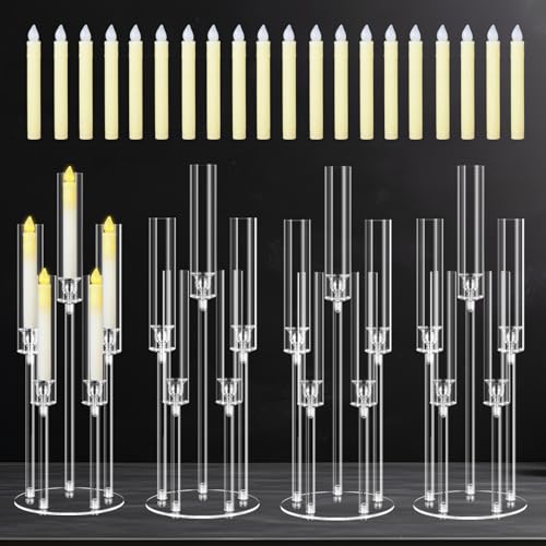 4 Sets 5 Arms Acrylic Candelabra Centerpieces for Tables, 27" Clear Candle Holder for Wedding Dinner Party and Home Decor,Candlesticks Holder with LED Candles by Cheloment - Used condition - CA$111.06