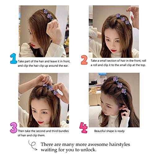 Foto von 4 PCS Haarspange mit Kristallblume, Kolibri Haarspange Glitzer Kristallblume Damen Haarspangen, Vierblättriges Kleeblatt Strass Haarspangen, Entenschnabel Haarspange Doppelschicht Kinder Haarklammer