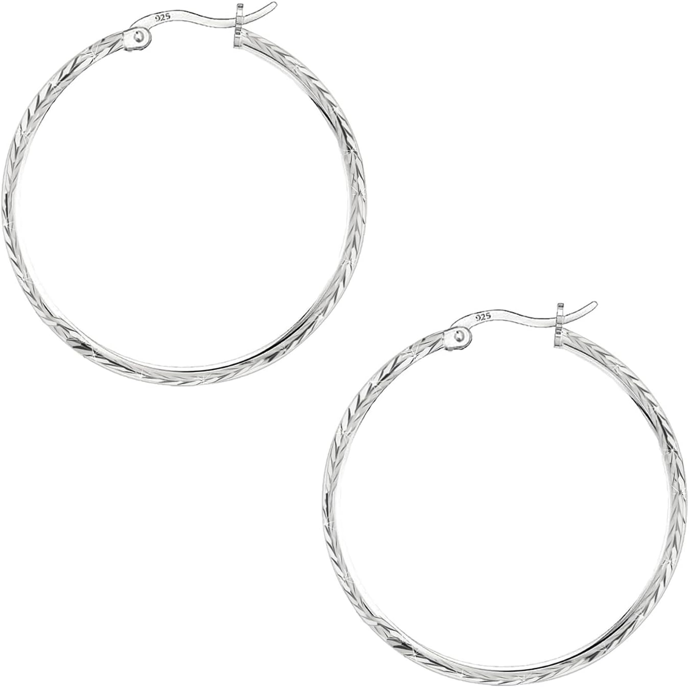 Savlano 925 Sterling Silver 2MM Diamond Cut Round Hoop Earrings for Women Comes in 25MM-40MM with a Gift Box-Made in Italy