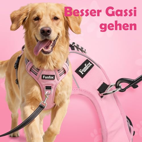 Funfox Hundegeschirr Mittelgroße Hunde [L] - Verstellbares Anti-Zug Brustgeschirr mit Griff & Reflektorstreifen, Atmungsaktives No Pull Hundegeschirr für Grosse/Kleine Hunde Outdoor Rosa