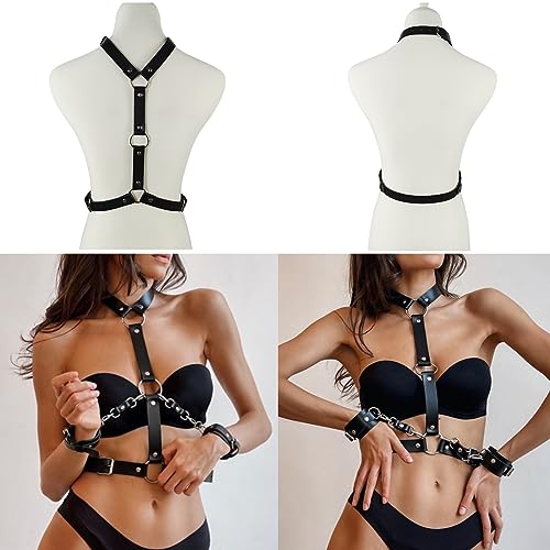 Limmion Damen Harness Leder Sexy Gürtel mit Handschellen Body Geschirre Bondage Sexy Kostüm für Frauen BDSM Fesseln Punk Taillengürtel Extrem Bondage Erotik Reizwäsche für Rave Outfit Clubwear