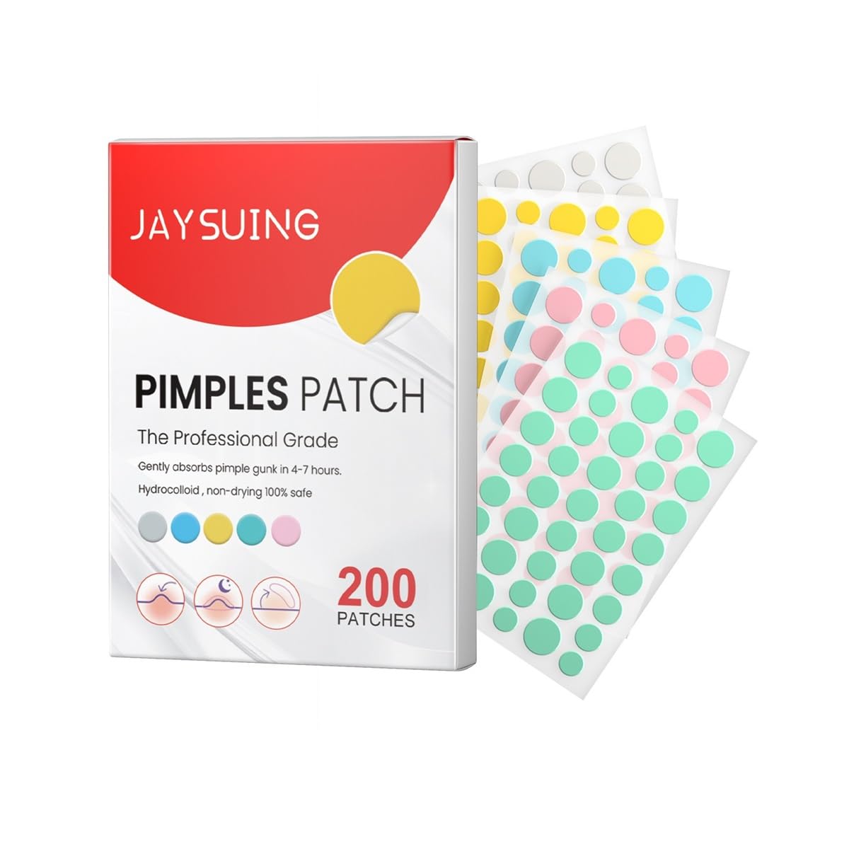 Patch Cosmetics - Hydrocolloid Acne Pimple Patch for Covering Zits and Blemishes in Face and Skin 200PCS Multi-Colored
