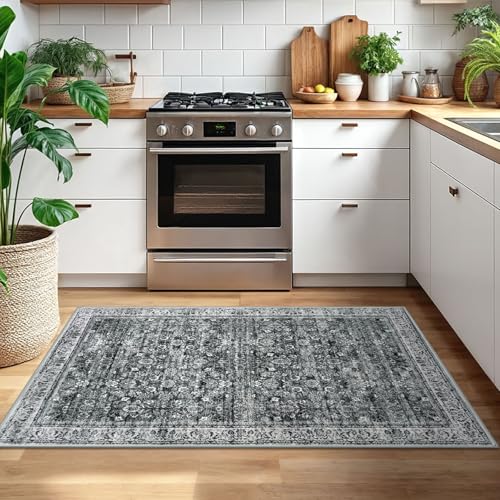 3x5 Moss Charcoal Washable Rug for Entryway, Soft Distressed Floral Rug with Non-Slip, Low-Pile Vintage Neutral Area Rugs for Living Room Nursery Bedroom, Dorm Carpet with Non-Shedding