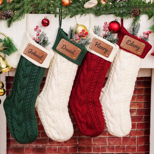 HOBULL Chaussette de Noel Personnalisé avec Nom, Grandes Tricotés Chaussette de Noël Suspendre Cheminee Decorative Chaussette Noel Broderie Bas Personnalisable Cadeau Décorations Sapin de Noel