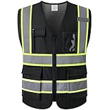 Kazsaifo Reflective Safety Vest for Men Women with 5 Pockets and Zipper Front High Visibility Mesh Vest Hi Vis Construction Work Vest,Meets ANSI/ISEA Standards(KZ177-Black-XL)