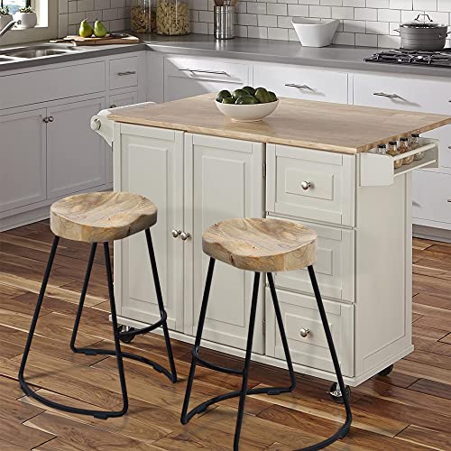 Butaco Industrial Ela de 30 pulgadas de Madera de Mango y Hierro Negro, Asiento Silla de Cuero Natural Marrón, Juego de 2, para Cocina, Comedor y Decoración del Hogar miniatura 2