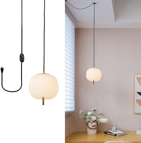 JC TOPA Lámpara colgante de mediados de siglo de 16 pies, luz colgante de globo de vidrio esmerilado blanco con interruptor regulable y enchufe para