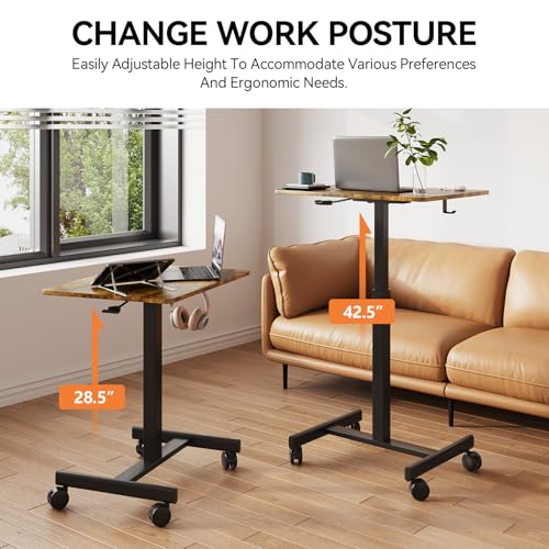 Image of Mobile Desk on Wheels, Pneumatic Height Adjustable, Brown+Black | 18.9 x 25.6 in Desktop, 26.1-40.1 in Height, Pneumatic Lift, T-Shaped Single Column Base, Lockable Casters, 22 lb Capacity