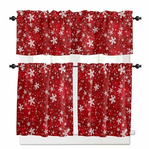 Epetloutys Red Christmas Kitchen Curtains Set, Winter White Snowflake Xmas