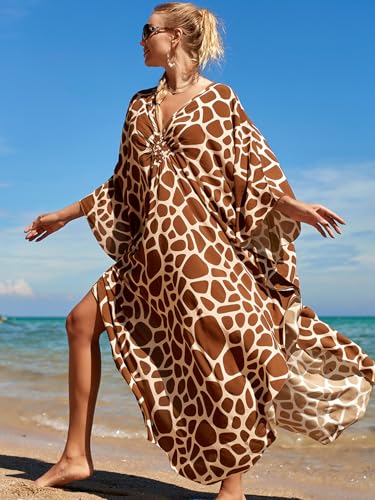 Image of IMAGEKOPE Women's Plus Size Animal Print V-Neck Batwing Kaftan Beach Dress Bathing Suit Cover-Up Loungewear