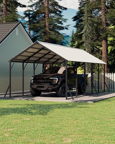 Image of GarveeLife 13x26 ft Metal Carport with Vertical Roof, Heavy-Duty Metal Car Port 120 Steep-Pitch Roof, 133 inch High-Clearance for Full-Sized Pickups, Tractors, and Bass Boats