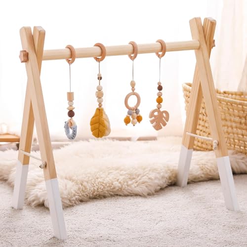 Promise Babe Arche de Jeu Bébé Bois Baby Gym Bois Arche de Jeu Bébé Nouveau-né Jouet Arche de Jeu Centre d'Activité Bébé Jaune Pendentif Design Amovible Arche de...