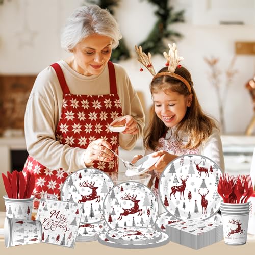 Christmas Paper Plates and Napkins,144pcs Christmas Tree Reindeer Christ mas Plates Disposable Party Set for Winter Xmas Holiday,Serves 24 – Image 3