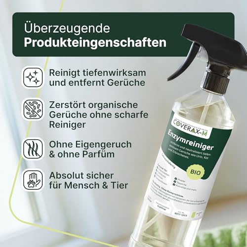 Enzymreiniger Katzenurin - Geruchsentferner Katze ohne Duftstoffe - 1L Spray - Biologisch pH-neutral - Teppich Sofa Katzenklo