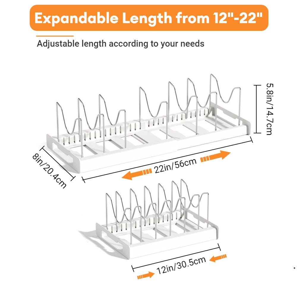 Beruyu Expandable Pot and Pan Organizer Rack for Cabinet, Pot Lid Organizer Holder with 7 Stainless Steel Adjustable Dividers for Kitchen Cabinet Organizer and Storage (White)