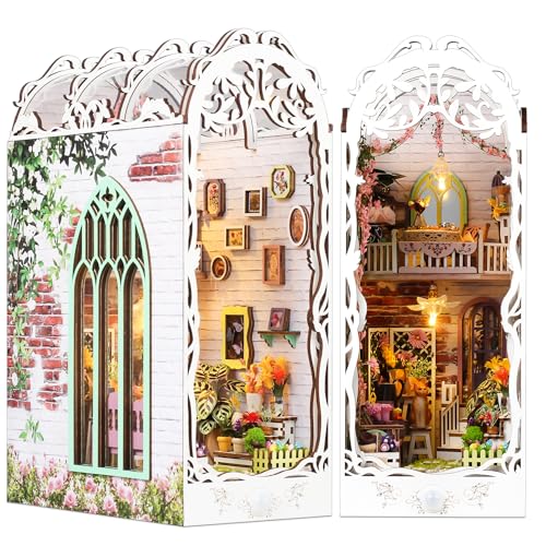 TuKIIE DIY Book Nook Miniature Kit, Booknook Dollhouse Bookshelf Insert with Sensor Light & Dust Proof, Wooden Decorative Bookend Stand Model Kits for Kids Teens Adults(Flower House)