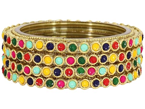 Image of NMII Glass Golden Zircon Gemstone & Colorful Beads Studded Bangles Kada Set For Women & Girls | Traditional Stylish Kangan | Bangles For Women Glass | Wedding, Party, Occasion Wear Bangle- Set of 4