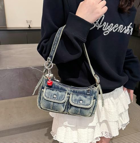 Y2K Denim Purse for Women Vintage Shoulder Bag Small Top Handle Clutch Punk Underarm Handbag with Multiple Pockets 20252