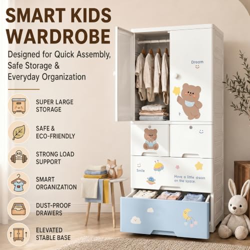 Image of StarAndDaisy Kids Wardrobe /Multifunctional Collapsible Plastic Wardrobe /Almirah for Kids- Storage Cabinet - Dustproof Baby /Wardrobe Organizer for Clothes, Toys - Cute Bear