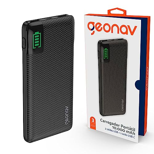 Geonav Power Bank, Carregador Portátil Universal 10.000mAh, 2 portas USB + 1 porta USB-C, Led Indica