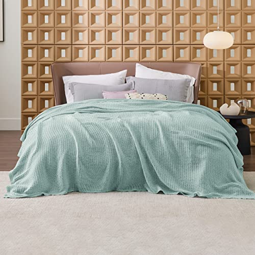 Bedsure 100% Cotton Blankets King Size For Bed - 405Gsm Waffle Weave Blankets For Summer, Cozy And Warm, Mint Green Soft Lightweight Woven Blankets For All Seasons, 104X90 Inches #TOP2