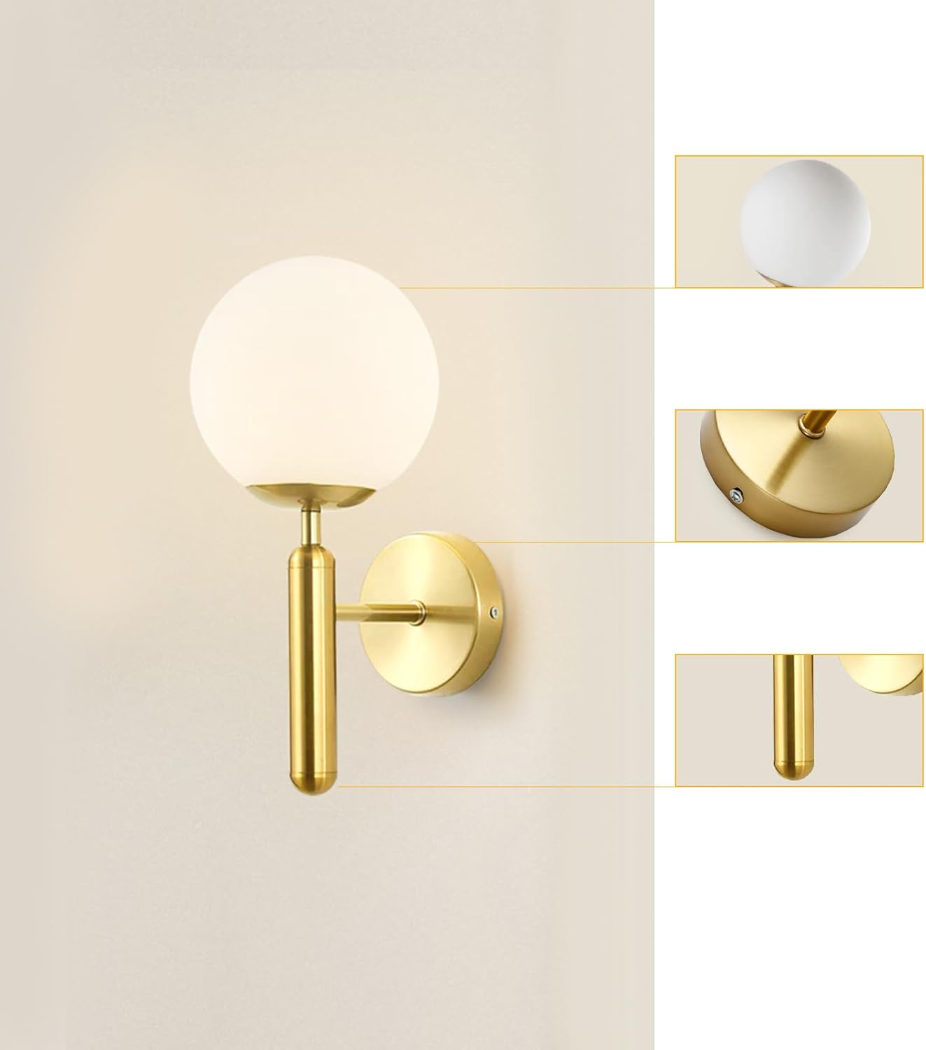 Modern Wall Sconce Light - Dimmable Gold Sconce Wall Lighting with Milky White Globe Glass Shade 1-Light Bathroom Vanity Light Over Mirror for Bedroom Stairway Living Room, E26 Socket