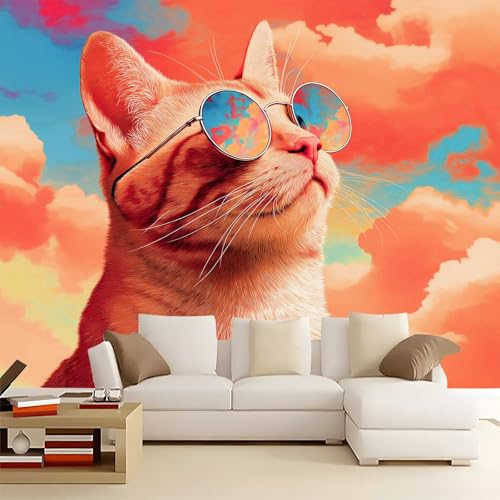 Color Naranja Papel pintado panorámico no tejido 250 x 175 cm Tamaño personalizado, póster mural gigante 3D, Cielo Nubes Retratos De Animales Gatos para sala de estar dormitorio o restaurante