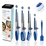 Edelstahl Küchenzange mit Silikonspitzen-5er Set,Maywe Tanso 4 Stück 33 cm Kochzange Fleischzange,Antihaft- Grillzange für Steak Pie Pizza Pasta Spaghetti Salat Grillbuffet,Plus Bürste