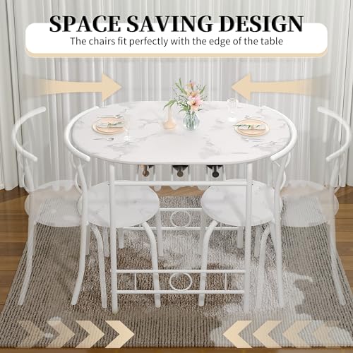 Image of VECELO 3-Piece Dining Table Set for Kitchen Breakfast Nook, Faux Marbled Oval Tabletop and Metal Frame with Built-in Wine Rack, for Small Spaces, White