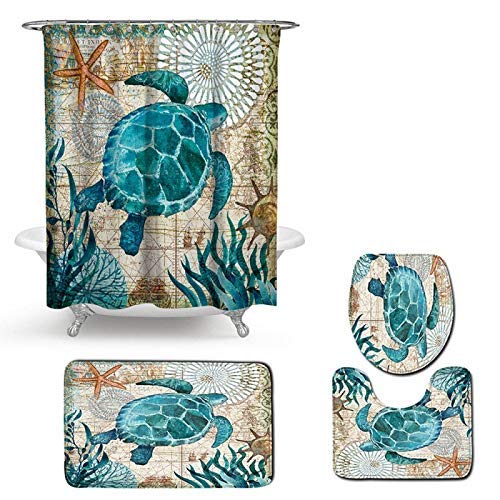 MUMUWUSG Bad Duschvorhang Teppich Set 4 Stück Duschvorhang 4pcs / Kit, Sockel Teppich Deckel-Deckel Vier-teiliges Set…