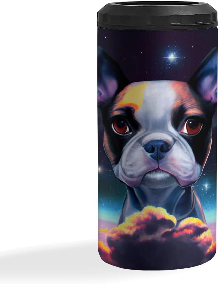 Boston Terrier in Space Insulated Slim Can Cooler - Printed Can Cooler - Cute Insulated Slim Can Cooler