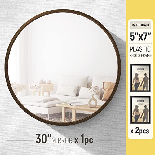 Emi Home Round Wood Mirror, 30 Inch Diameter Circle Mirror Wood Frame With Two Picture Frames 5X7, Wood Frame Vanity Mirror, Round Wooden Mirror Decor Foyer Living Room, Walnut Woodgrain Finish #TOP1