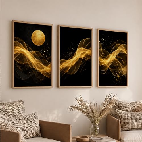 Image of TheMakerly Set of 3 Black Gold Abstract Moon Wall Art Paintings for Living Room | Luxury Modern Wall Decor | Golden Wave Wall Paintings for Bedroom, Hall, Office & Home Decoration (10x13 Inches)