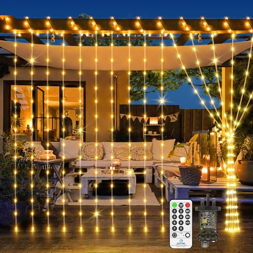 300 LED Christmas Curtain Lights Indoor Outdoor, 3m x 3m Fairy Lights Plug In IP65 Waterproof Waterfall String Lights with Remote 8 Modes Timer for Room Garden Party Wedding Decorations-Warm White