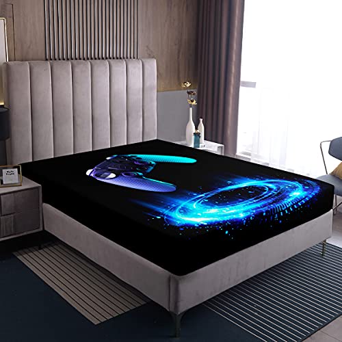Loussiesd Boys Gamepad Fitted Sheet Single Video Game Gamepad Fitted Sheet For Kids Teenagers Adults Geometric Circle Bed Sheet Game Controller Black Blue Fitted Sheet