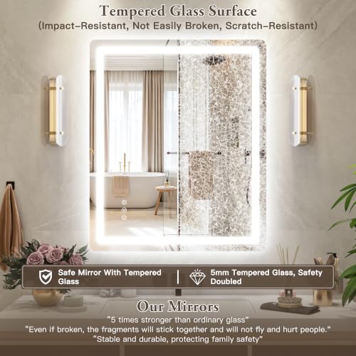 Image of 30 inch x 36 inch Led Bathroom Mirror with Lights, Anti-Fog & Tri-Color Lighting - Wall Mounted Shaving Mirror with Touch Sensor, Waterproof & Smart LED Vanity Mirror,Tempered Glass, Dimmable Smart Mirror