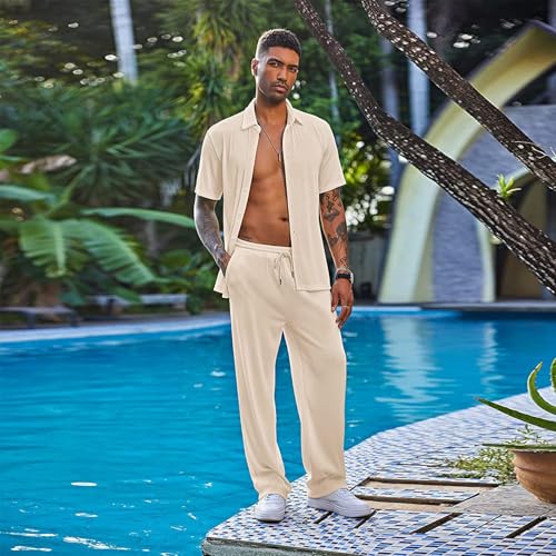 ANUFER Men's 2 Pieces Summer Clothing Set Short Sleeve Shirt and Pants Set3