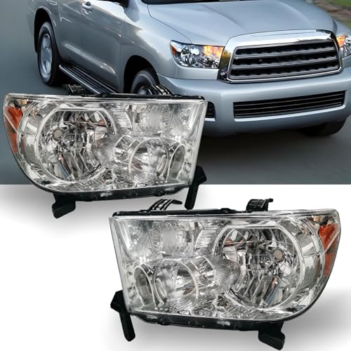 Headlights Assembly With Electronic Level Adjuster For 2007 2008 2009 2010 2011 2012 2013 Toyota Tundra For 08-17 Sequoia Driver and Passenger Side Headlamps Chrome Housing Clear lens(LH&RH)