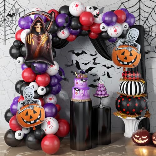 Decoração de Halloween Exterior Interior com Balões Pretos, Vermelhos, Roxos e Olhos. Foice com Parca, Abóboras com Esqueleto, Morcegos, Decoração de Porta de Casa, Festa de Terror