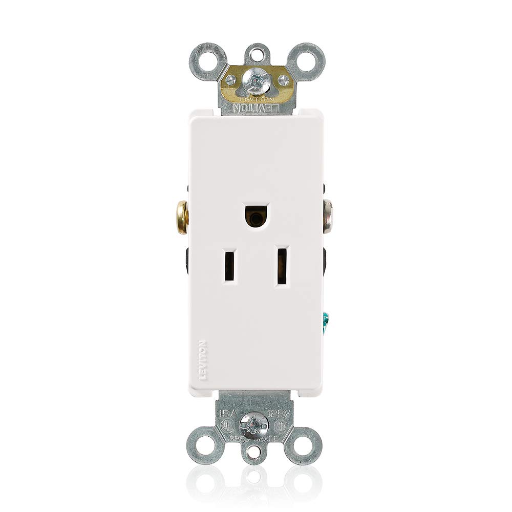 Leviton 15 Amp, 125 Volt, Decora Plus Single Receptacle, Straight Blade, Commercial Grade, Self-Grounding, 16241-W, White