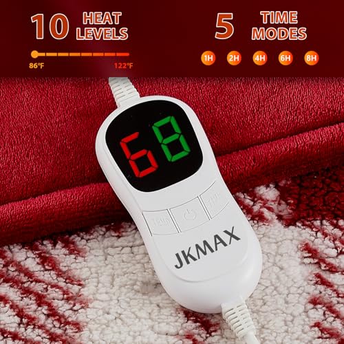 JKMAX Heated Electric Blanket Queen Size - 84"x90" Flannel Heating Blanket with 10 Heating Levels & 5 Time Settings Over-Heat Protection, Winter Warmer for Adults with ETL Certification(Red)