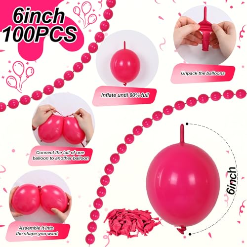 Image of Hot Pink Linking Balloons, 100PCS 6 In Dark Magenta Link Balloons for Making Balloon Wall Heart Arch, Fuschia Tails Balloon for Birthday Bridal Baby Shower Anniversary Princess Theme Party Decorations