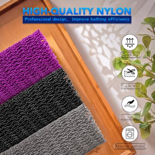 Image of UJFQBH African Net Sponge Authentic 3 Pack, the Gentle Exfoliating Body Scrubber that Unclogs Pores, Reaches Your Back, Dries Fast, and Leaves Skin Smooth Day After Day（Purple, Black, Gray）