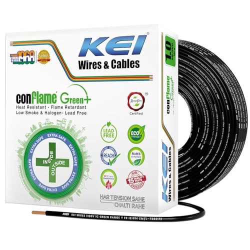 Image of KEI CONFLAME GREEN PLUS 1 sqmm 1 Core, 99.97% Pure Copper Conductor,FRLSH - Lead Less Insulation House Wire Suitable for Domestic & Industrial Electrical Wiring (Black, 180 Meters)