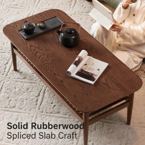 Image of Oak Solid Wood Coffee Table for Living Room 2-Tier Modern&Mid CenturyTabe for Tea and Coffee with Shelf Storage Sets (Walnut, 39.37 inch x 22.0 inch x 17.3 inch)
